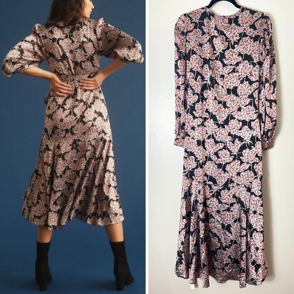 ANTHROPOLOGIE DRESS CABALLERO WRAP MIDI METALLIC FLORAL BLACK CORAL TAN FALL - Picture 2 of 16